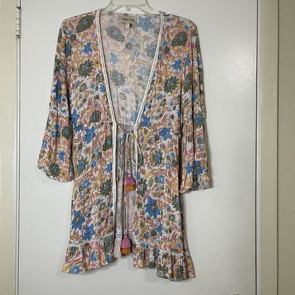 NWOT Playa Lucila Mini kimono multi color floral tassle tie medium - Picture 3 of 9